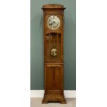 ARTS & CRAFTS STYLE OAK LONGCASE CLOCK - pendulum driven with silvered dial, stylised Arabic