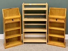 BOOKCASES - a pair of modern pine bookcases with upper drawers, 105cms H, 51cms W, 23cms D and a