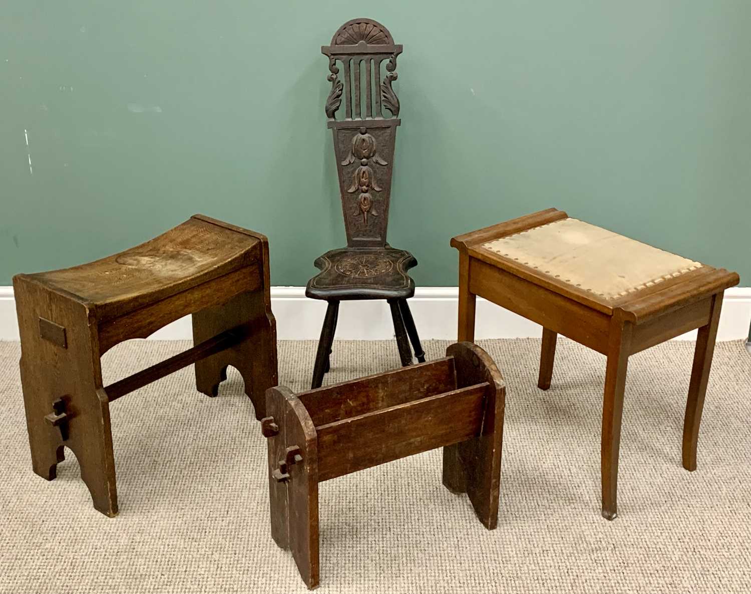 FURNITURE ASSORTMENT - to include piano stool, rustic oak stool, magazine rack and a spinning stool