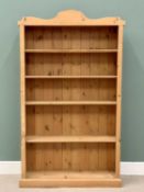 MODERN PINE BOOKCASE - large capacity, having five shelves, 202cms H, 116cms W, 33cms D