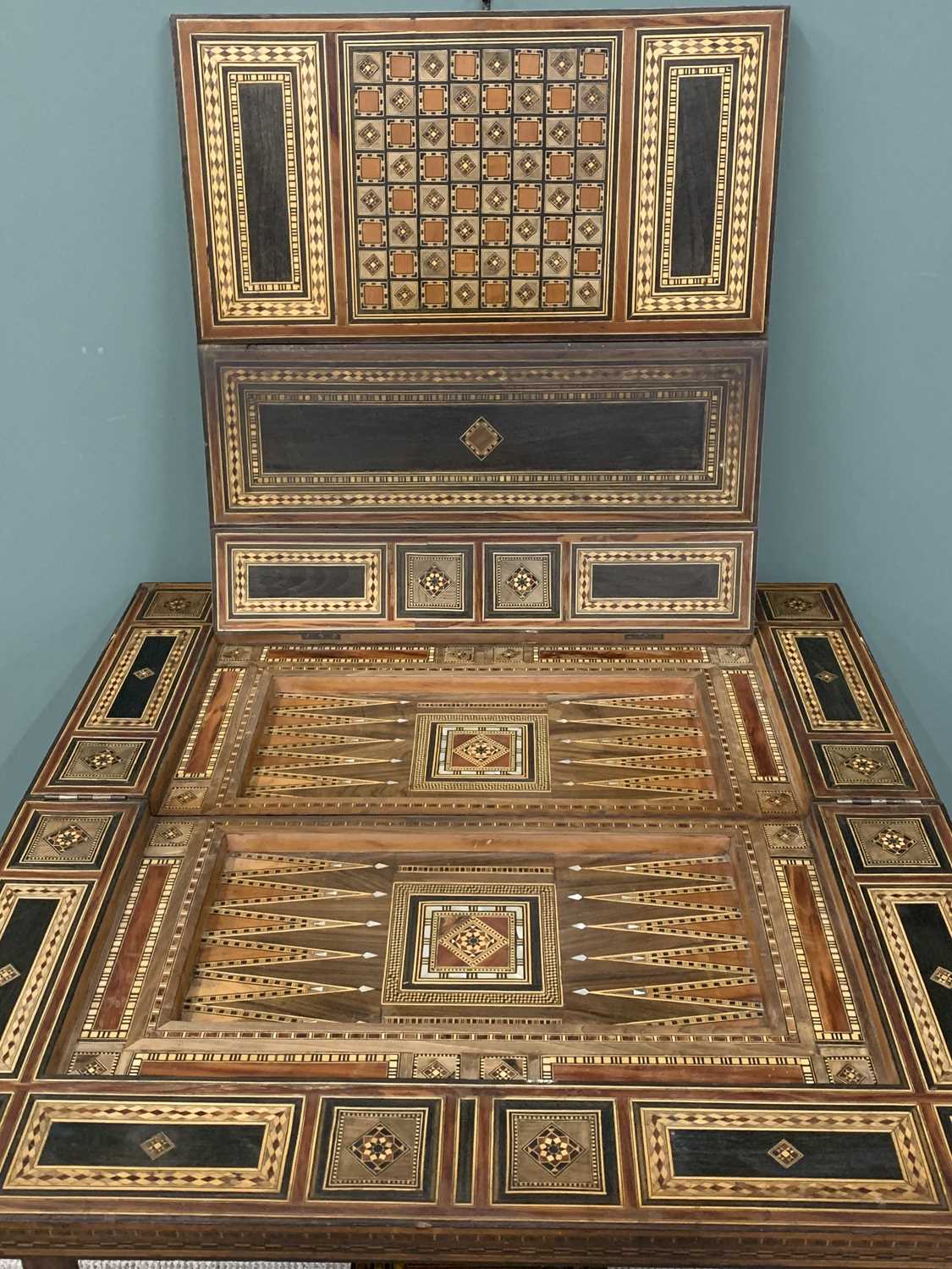 PARQUETRY & MOTHER OF PEARL INLAID GAMES TABLE- probably Syria early 19th Century having a fold- - Image 3 of 8