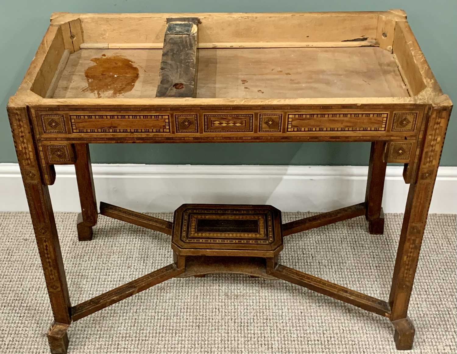 PARQUETRY & MOTHER OF PEARL INLAID GAMES TABLE- probably Syria early 19th Century having a fold- - Image 5 of 8