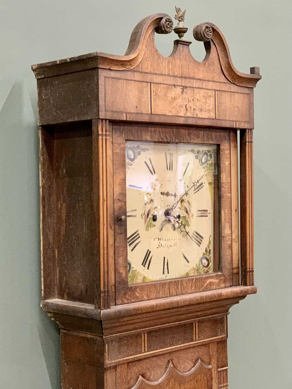 LONGCASE CLOCK - oak cased with mixed woods inlay, eight day movement, painted dial marked "C - Image 6 of 9