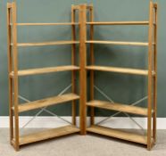 PINE BOOKCASES/SHELVES - a pair, adjustable and with metal supports, 179cms H, 93cms W, 25cms D