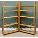 PINE BOOKCASES/SHELVES - a pair, adjustable and with metal supports, 179cms H, 93cms W, 25cms D