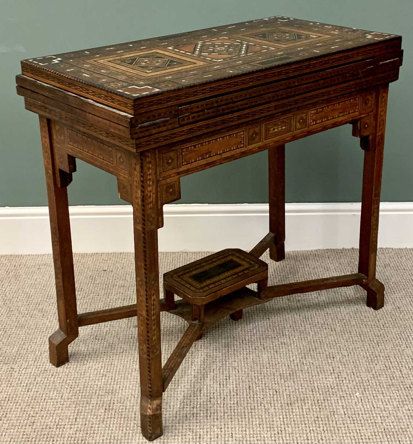 PARQUETRY & MOTHER OF PEARL INLAID GAMES TABLE- probably Syria early 19th Century having a fold- - Image 4 of 8