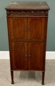 ANTIQUE MAHOGANY GRAMOPHONE CABINET - on tapered supports, 108cms H, 49cms W, 52cms D