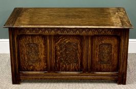 OAK COFFER - three panelled front with carved detail, 58cms H, 108cms W, 46cms D