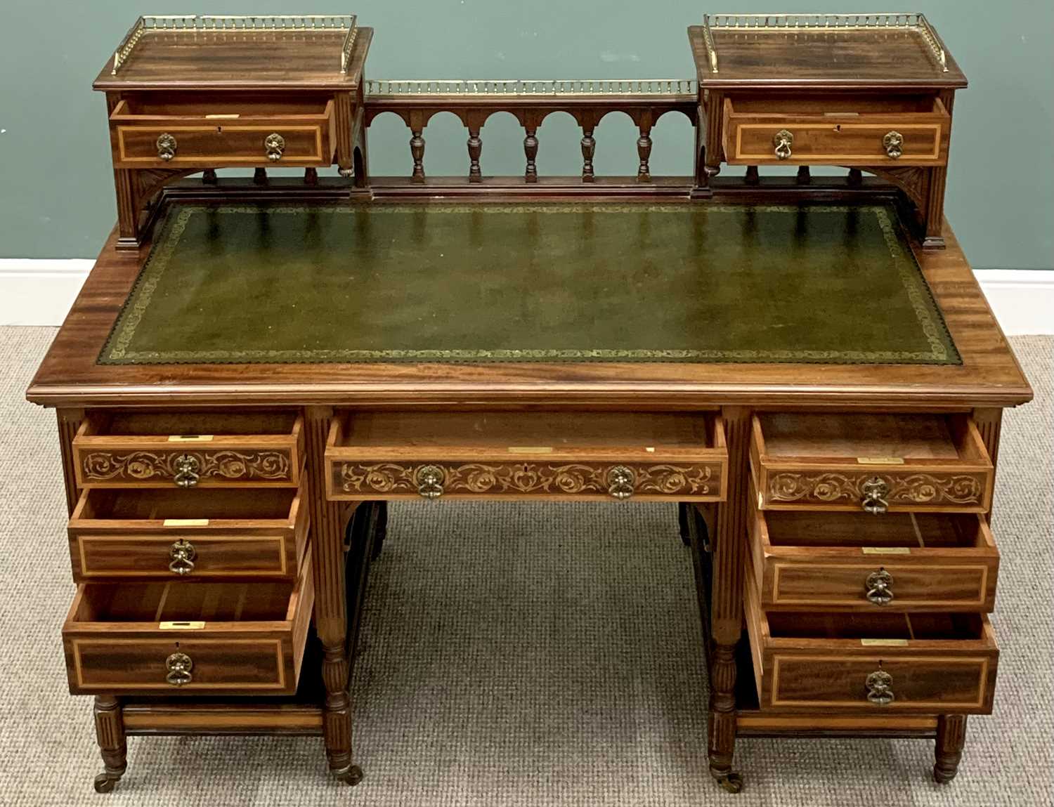 MAHOGANY DESK - fine twin pedestal example with railback and elevated drawers, inlaid detail - Image 2 of 5