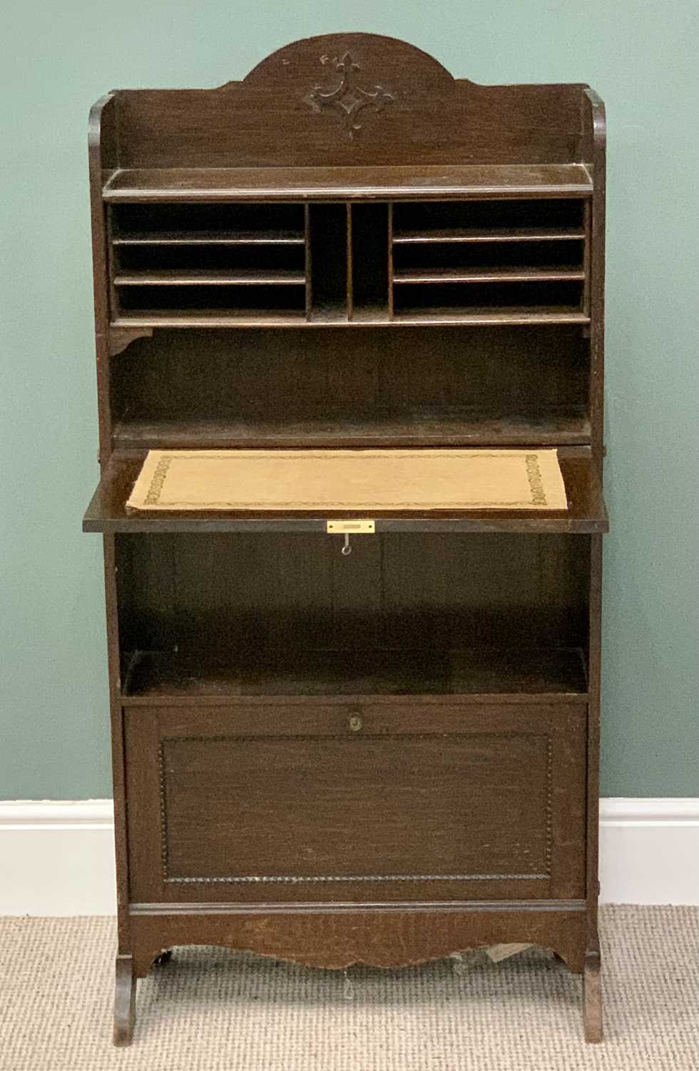VINTAGE OAK COMPACT BUREAU BOOKCASE - with drop down upper and lower section and central shelves,