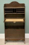 VINTAGE OAK COMPACT BUREAU BOOKCASE - with drop down upper and lower section and central shelves,