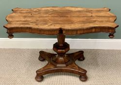 VICTORIAN ROSEWOOD PARLOUR TABLE - the shaped top on an octagonal pedestal and quatrefoil base,