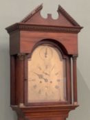 LONGCASE CLOCK - slim cased circa 1840 mahogany, arched brass dial set with Roman numerals,