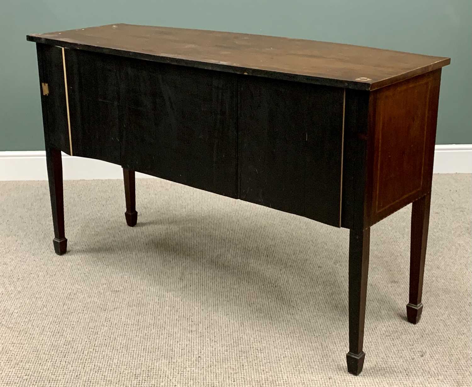 REGENCY STRING INLAID MAHOGANY SIDEBOARD - bow fronted, on spade feet, 94cms H, 154cms W, 59cms D - Image 3 of 6