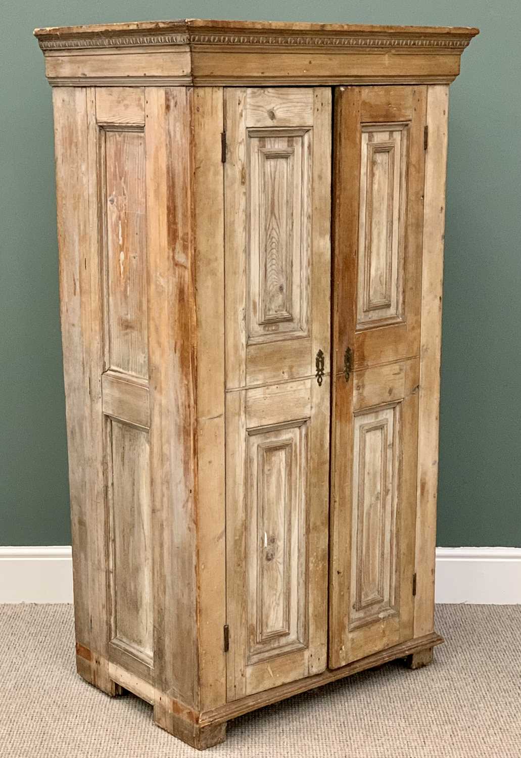 ANTIQUE STRIPPED PINE TWO DOOR CUPBOARD - shelved interior, 159cms H, 85cms W, 59cms D - Image 3 of 4