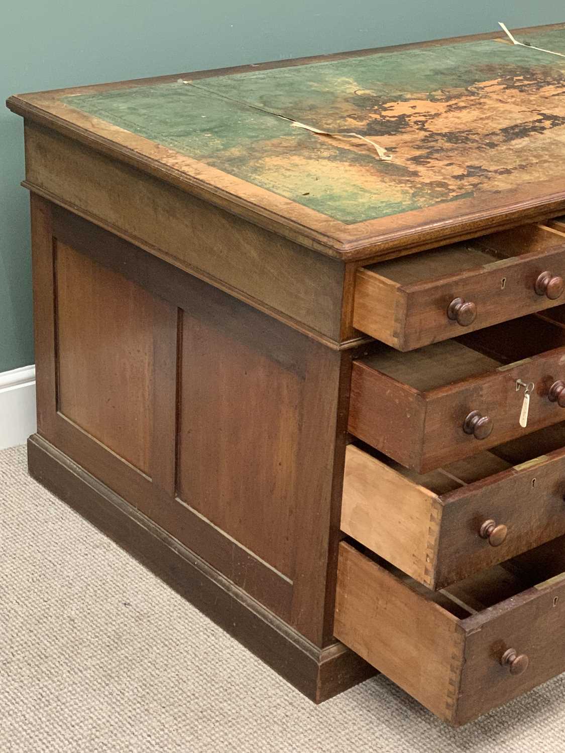 VICTORIAN MAHOGANY TWIN PEDESTAL DESK - a large example having multiple drawers and turned wooden - Image 3 of 5