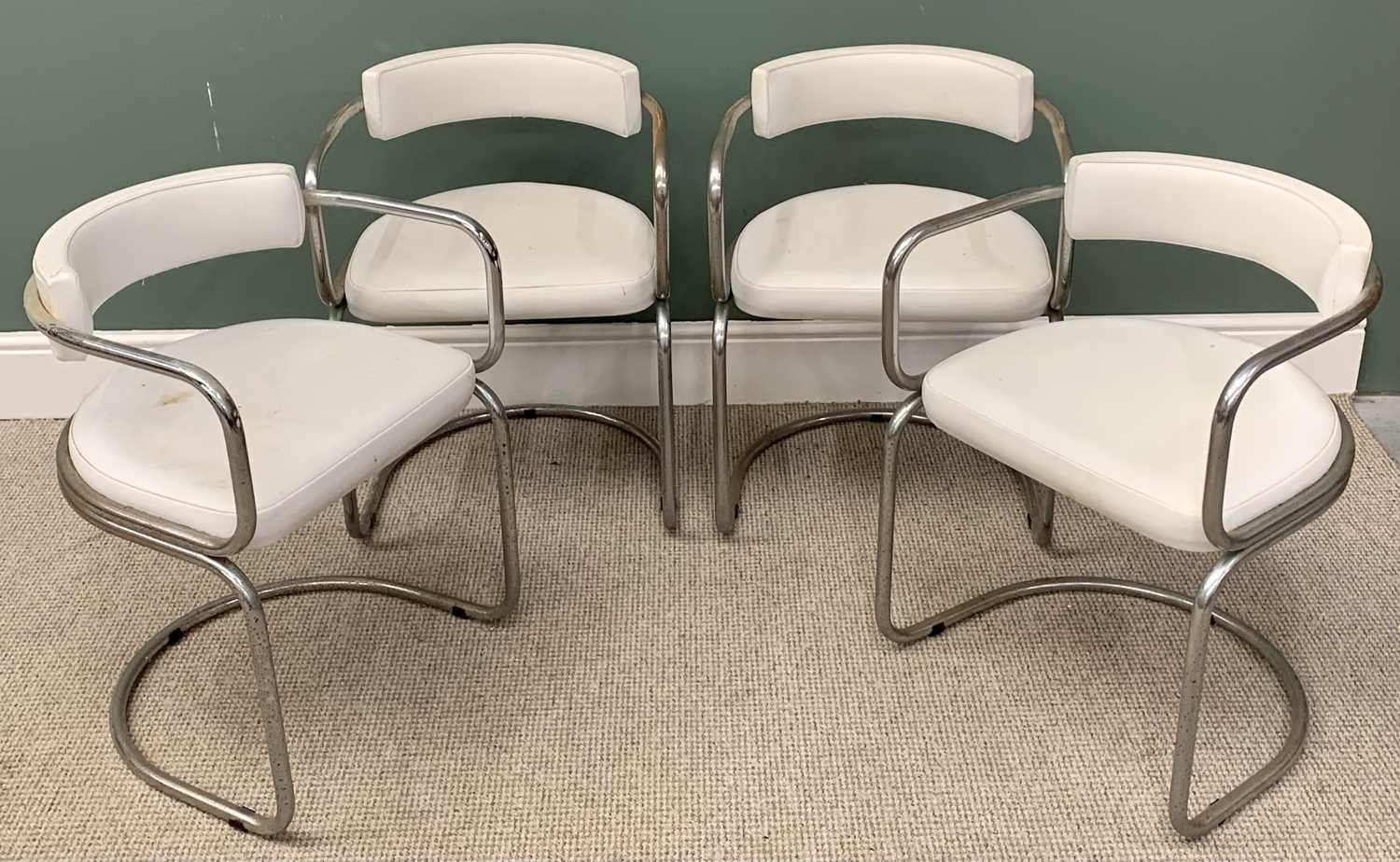 RETRO TUB TYPE DINING CHAIRS - set of four with vinyl seats and backs within chrome frames, 72cms H,