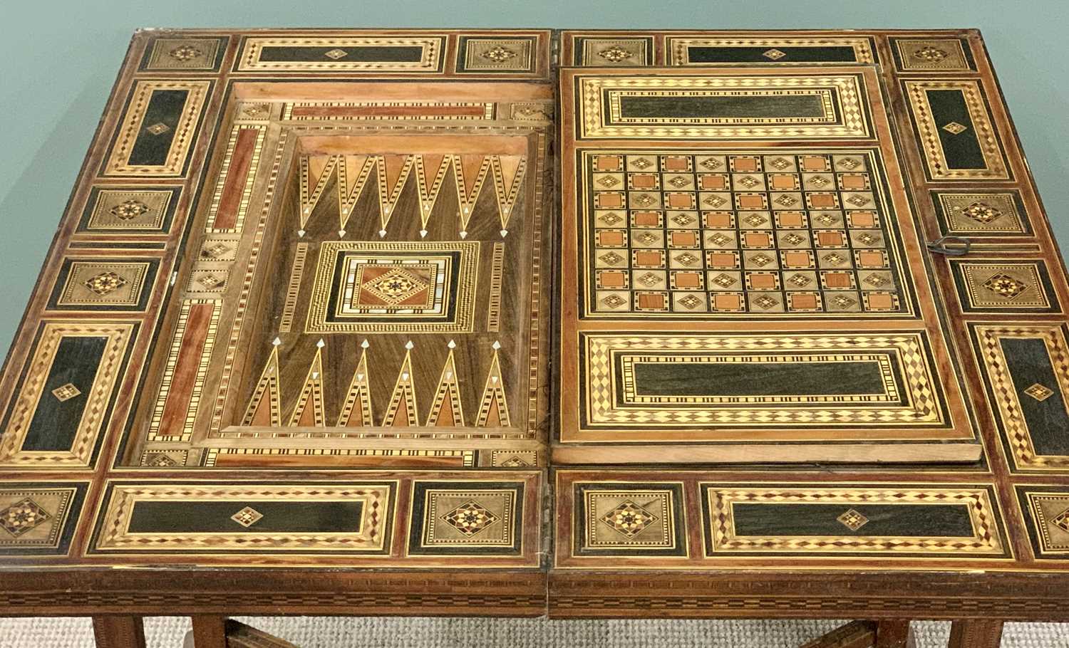 PARQUETRY & MOTHER OF PEARL INLAID GAMES TABLE- probably Syria early 19th Century having a fold- - Image 8 of 8