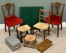 FURNITURE ASSORTMENT (7) - pair of antique dining chairs, string seated chair and stool, two vintage