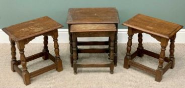 RUSTIC OAK SIDE TABLES - very near pair, 46cms H, 45cms W, 29cms D and a similar style NEST OF TWO