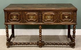 JACOBEAN STYLE OAK DRESSER BASE - having twin panelled drawers, on bobbin supports and stretcher,