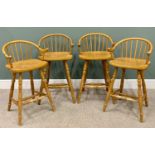 MODERN PINE BARSTOOLS (4) - having spindle backs and arms, 96cms H, 56cms W, 36cms D