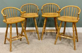 MODERN PINE BARSTOOLS (4) - having spindle backs and arms, 96cms H, 56cms W, 36cms D