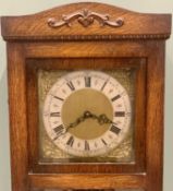 VINTAGE OAK LONGCASE CLOCK - triple weight, brass and silvered dial with Roman numerals before a