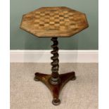 VINTAGE WALNUT OCTAGONAL CHEQUERED TOP GAMES TABLE - on twist column and with tri-form base, 72cms