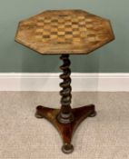 VINTAGE WALNUT OCTAGONAL CHEQUERED TOP GAMES TABLE - on twist column and with tri-form base, 72cms