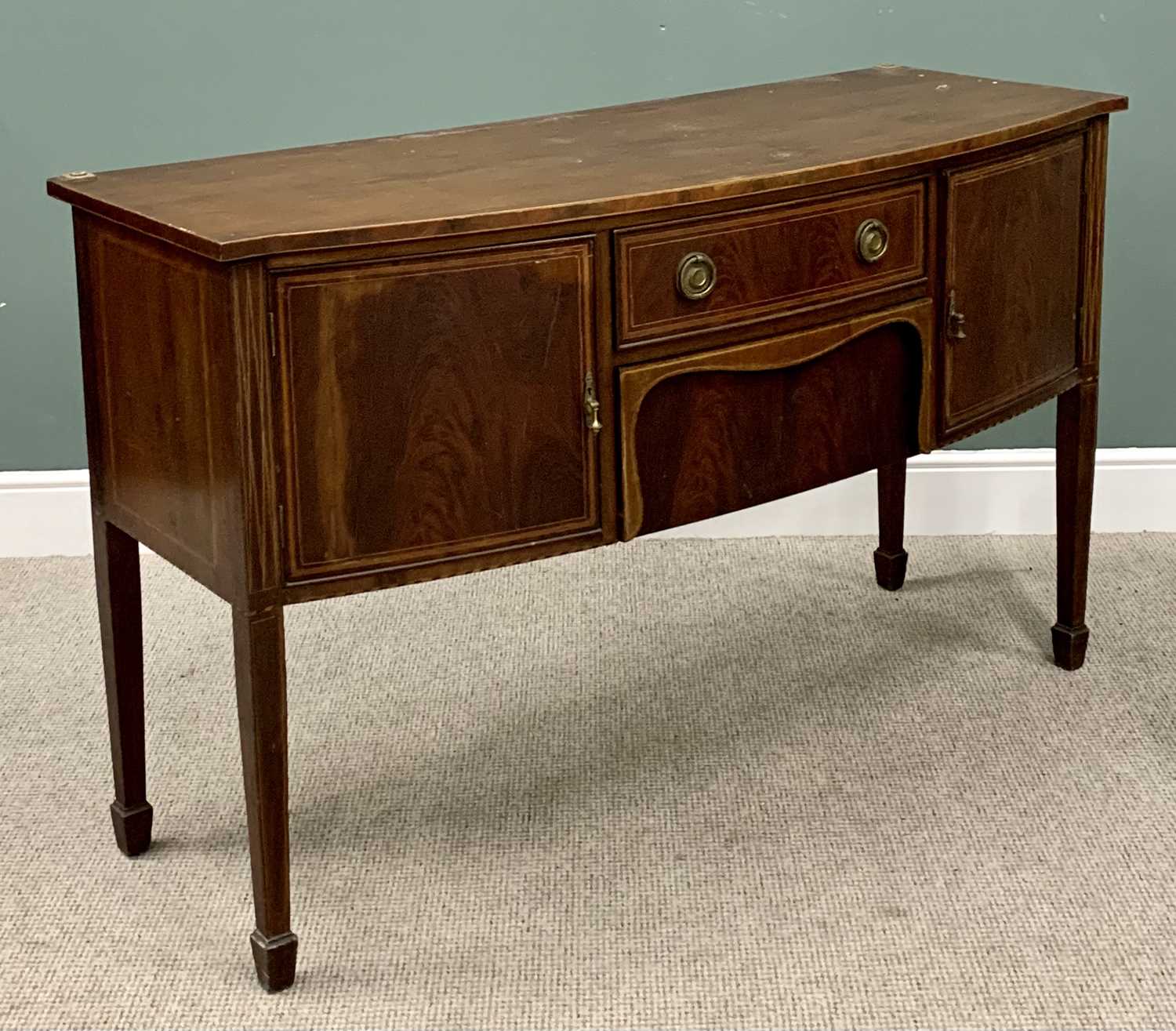 REGENCY STRING INLAID MAHOGANY SIDEBOARD - bow fronted, on spade feet, 94cms H, 154cms W, 59cms D - Image 2 of 6