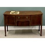 REGENCY STRING INLAID MAHOGANY SIDEBOARD - bow fronted, on spade feet, 94cms H, 154cms W, 59cms D