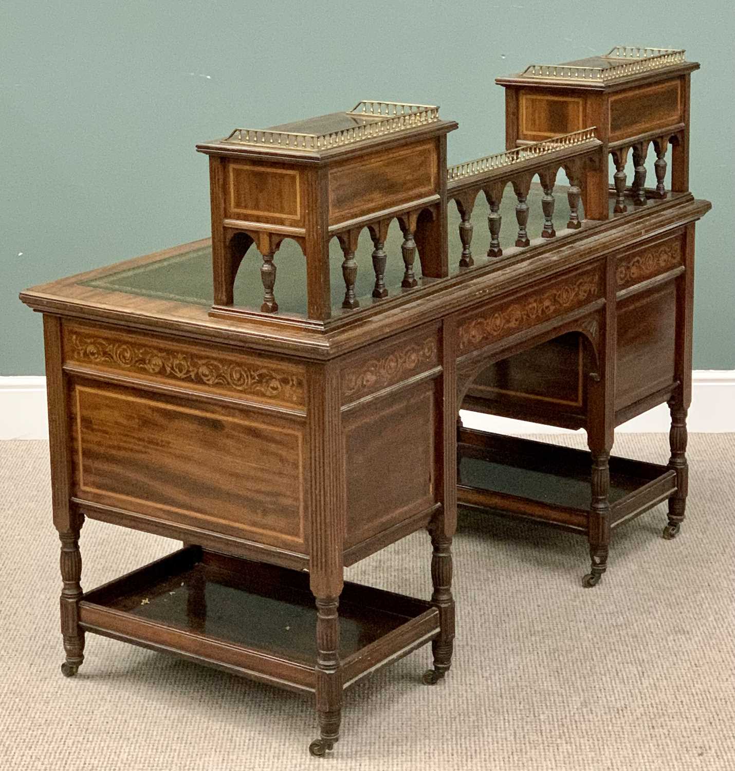 MAHOGANY DESK - fine twin pedestal example with railback and elevated drawers, inlaid detail - Image 5 of 5
