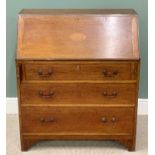 ANTIQUE MAHOGANY BUREAU - with string and shell inlay, having three drawers, with bracket feet,