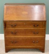 ANTIQUE MAHOGANY BUREAU - with string and shell inlay, having three drawers, with bracket feet,