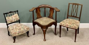 ANTIQUE CHAIR ASSORTMENT (3) - to include a corner type chair with upholstered seat