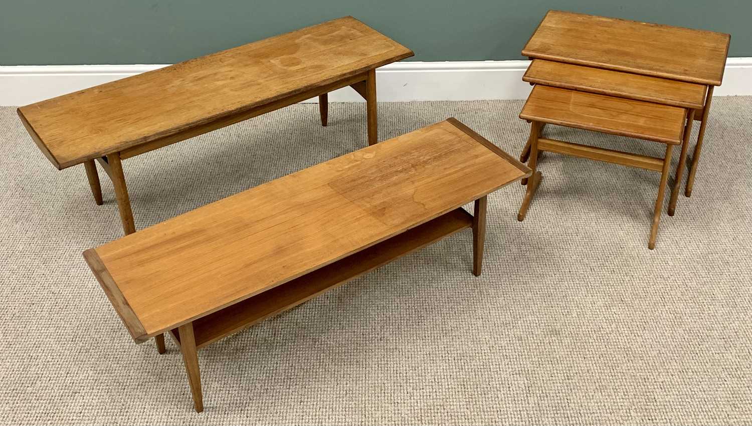 MID CENTURY TEAK TYPE TABLES (4) - two Long Johns, 44cms H, 62cms W, 38cms D and 41cms H, 121cms - Image 2 of 4