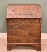 ANTIQUE OAK BUREAU - sloped fall front with interior drawers and pigeon hole arrangement with