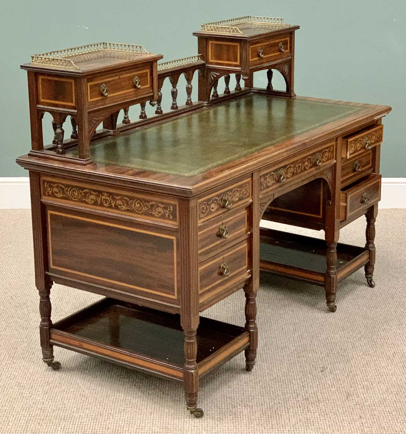 MAHOGANY DESK - fine twin pedestal example with railback and elevated drawers, inlaid detail - Image 4 of 5