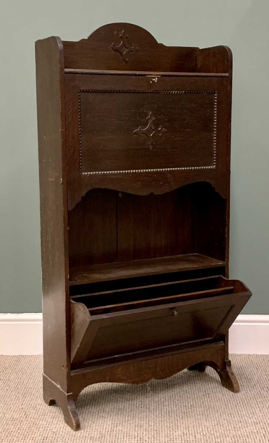 VINTAGE OAK COMPACT BUREAU BOOKCASE - with drop down upper and lower section and central shelves, - Image 3 of 3