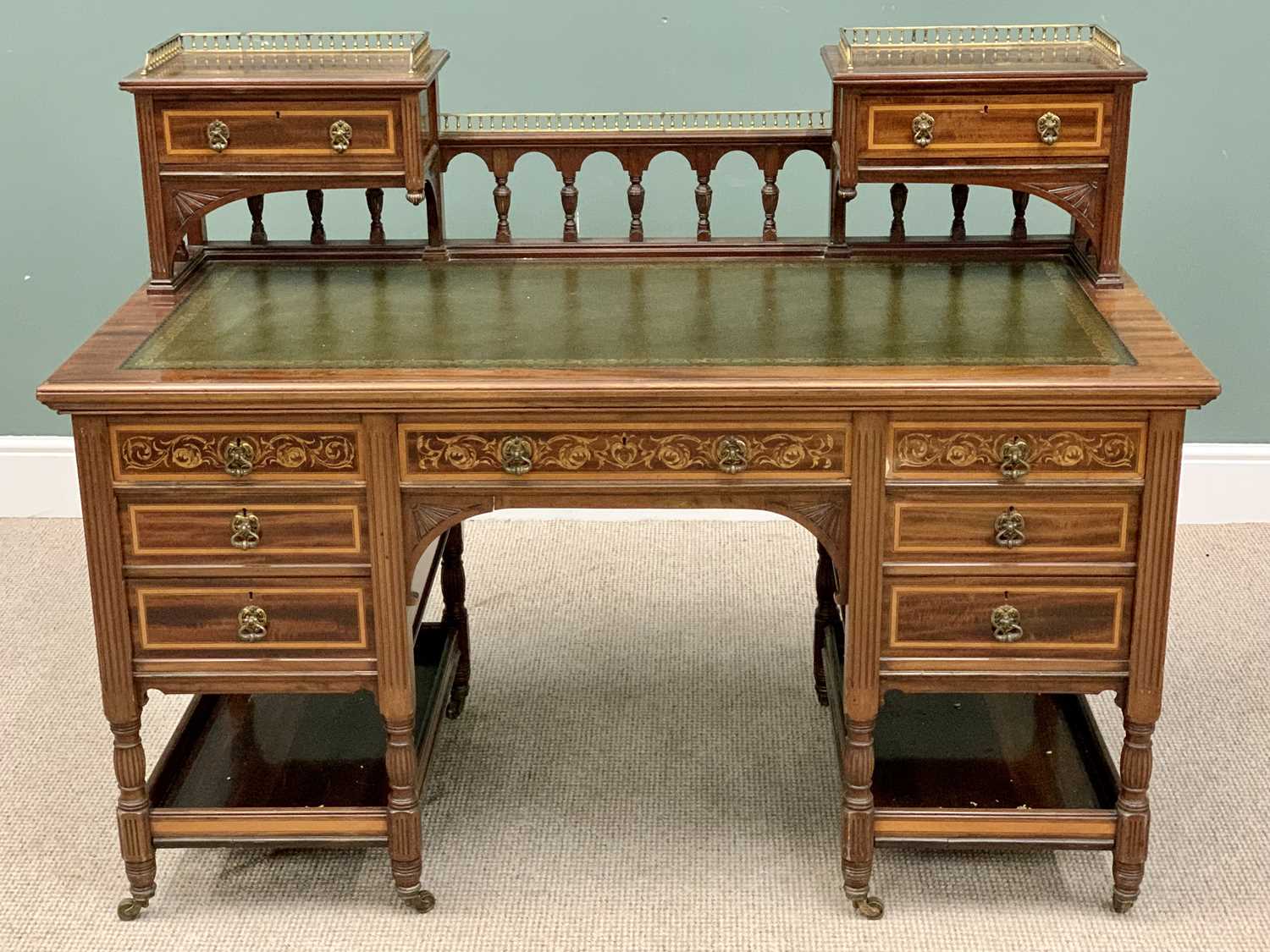 MAHOGANY DESK - fine twin pedestal example with railback and elevated drawers, inlaid detail