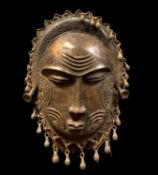 BAULE STYLE METAL ALLOY MASK, with basketry headpiece, 39cm H