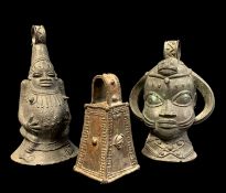 THREE NIGERIAN METAL ALLOY BELLS, including Benin style square bell and Lower Niger River culture