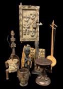 GROUP OF ETHNOGRAPHIC OBJECTS, including small Luba stool, Namji doll, Luba palm wine cup, Fang