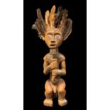 FANG MALE RELIQUARY GUARDIAN FIGURE, with feather crest, 66cm h overall