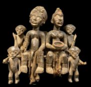CAMEROON ROYAL COUPLE SHRINE, with attendants and elevated by stool bearers, 50w x 23d x 52cm h