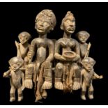 CAMEROON ROYAL COUPLE SHRINE, with attendants and elevated by stool bearers, 50w x 23d x 52cm h