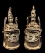 TWO BENIN STYLE METAL ALLOY HEADS OF OBAS, wearing coral crowns and necklaces, 50cm H (2)