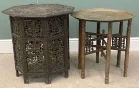 EASTERN OCCASIONAL TABLES x 2 - a carved folding hexagonal top example and a Benares brass type,