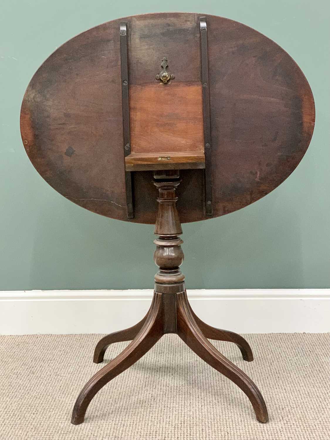 REGENCY MAHOGANY TILT TOP TABLE - the 88cms oval top on a turned column and four splayed supports, - Image 3 of 3